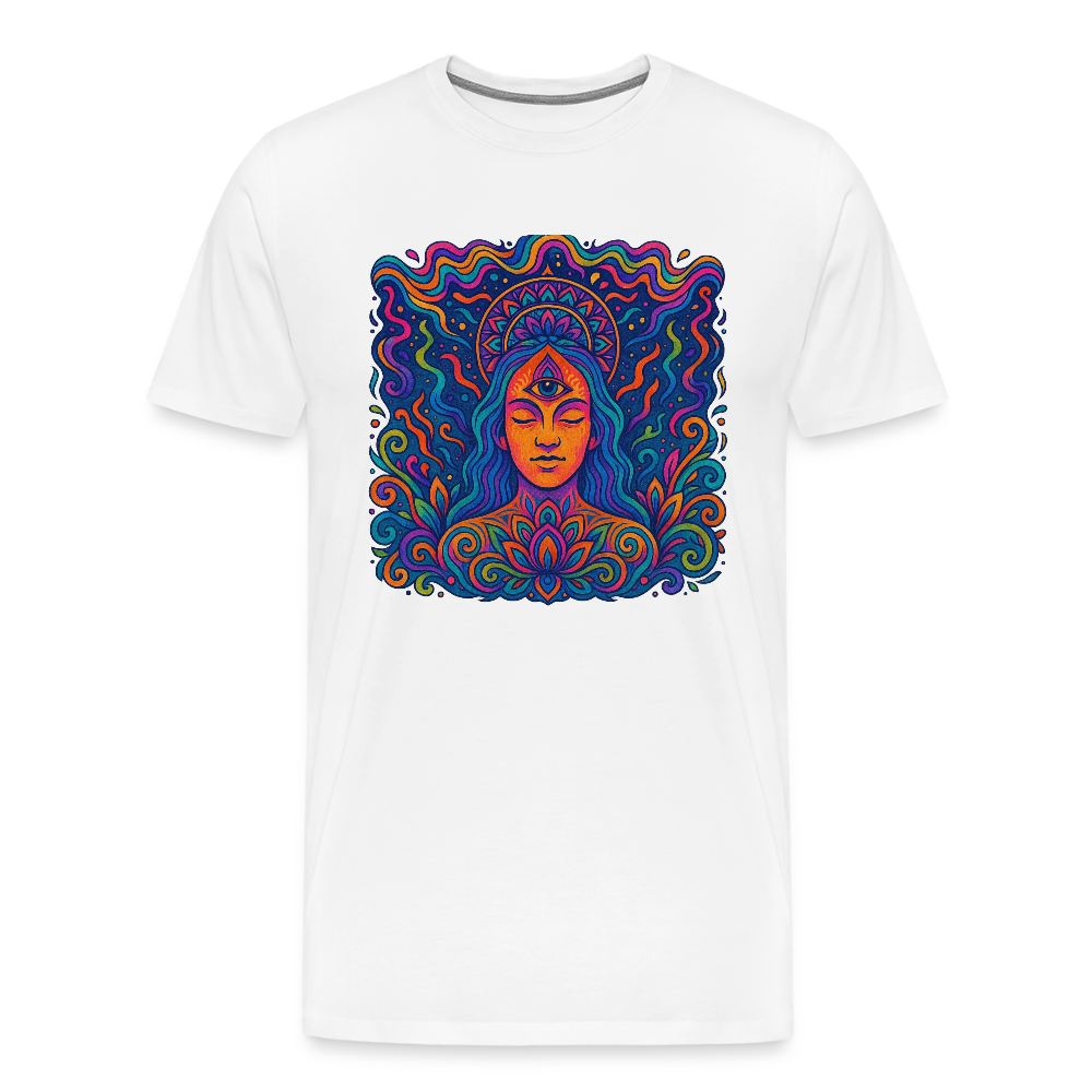 Männer Premium T-Shirt – Mystische Frau, leuchtende Farben, statt Auge eine Flamme, intensiver Goa-Stil - Weiß