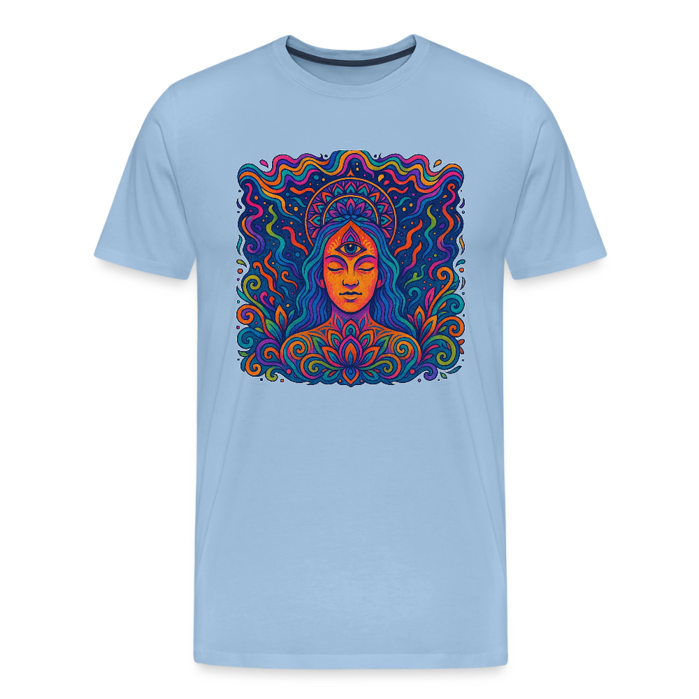 Männer Premium T-Shirt – Mystische Frau, leuchtende Farben, statt Auge eine Flamme, intensiver Goa-Stil - Sky