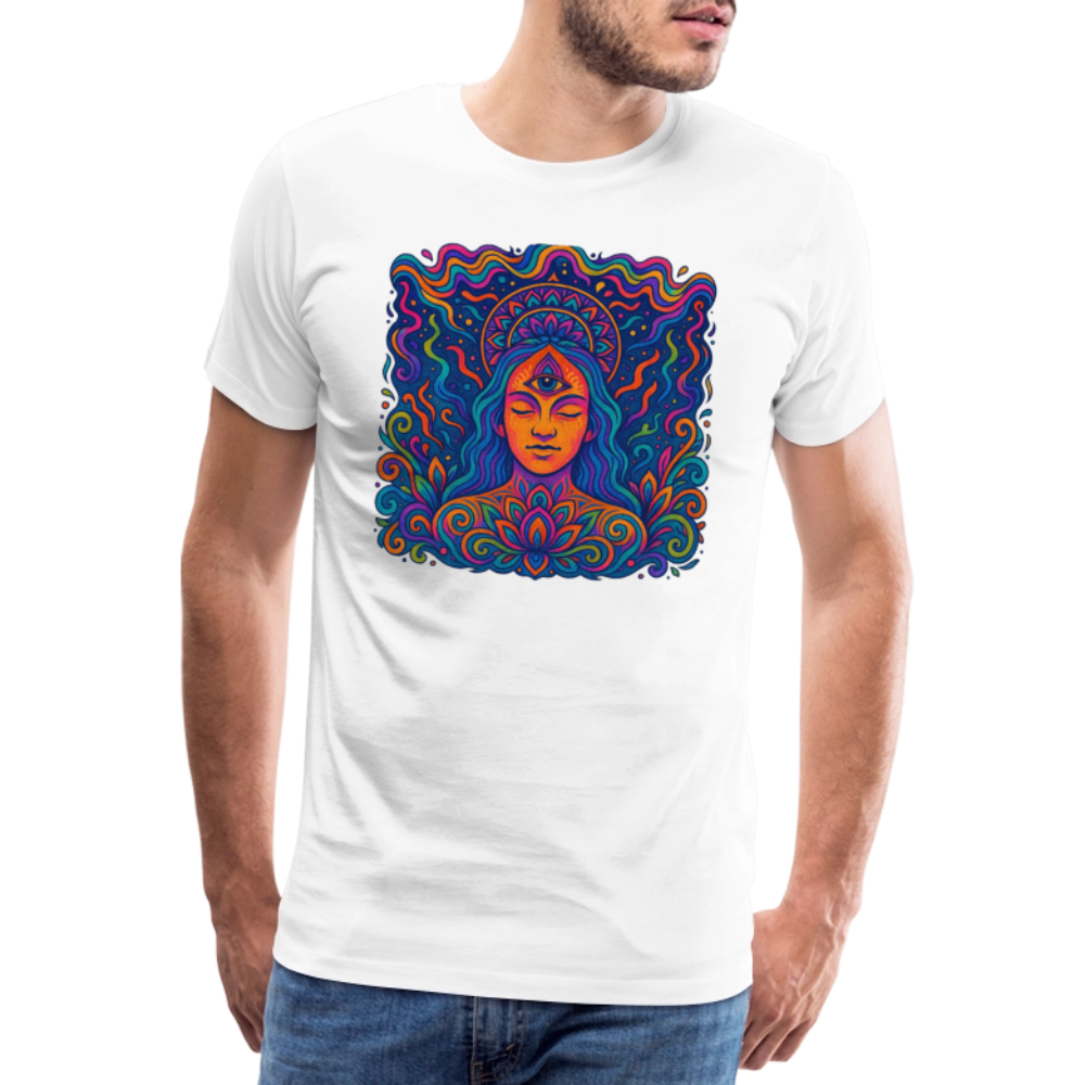 Männer Premium T-Shirt – Mystische Frau, leuchtende Farben, statt Auge eine Flamme, intensiver Goa-Stil - Weiß