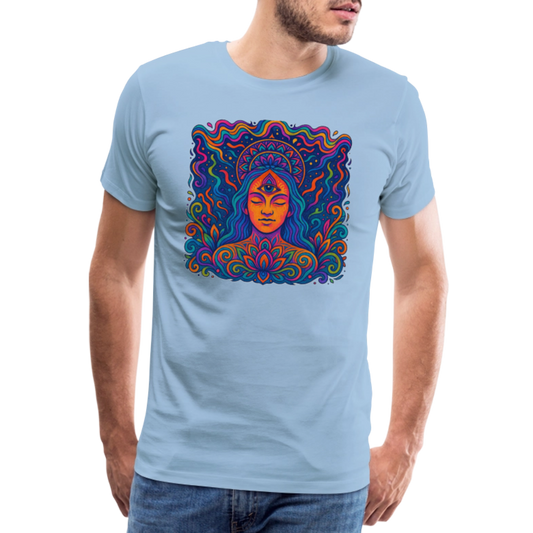 Männer Premium T-Shirt – Mystische Frau, leuchtende Farben, statt Auge eine Flamme, intensiver Goa-Stil - Sky