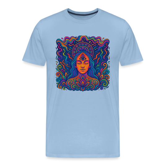Männer Premium T-Shirt – Mystische Frau, leuchtende Farben, statt Auge eine Flamme, intensiver Goa-Stil - Sky
